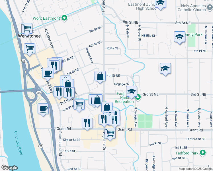map of restaurants, bars, coffee shops, grocery stores, and more near 363 Eastmont Avenue in East Wenatchee