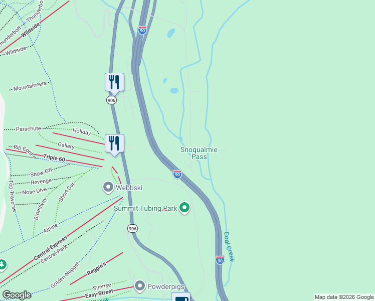 map of restaurants, bars, coffee shops, grocery stores, and more near 1051 Yellowstone Trail Road in Snoqualmie Pass