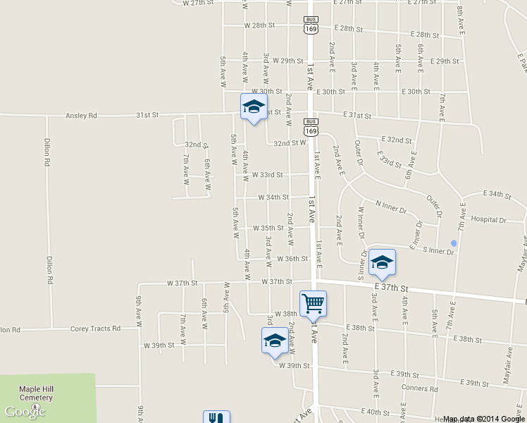 map of restaurants, bars, coffee shops, grocery stores, and more near 3413 3rd Avenue West in Hibbing