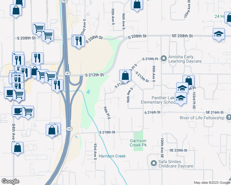 map of restaurants, bars, coffee shops, grocery stores, and more near 9409 South 213th Place in Kent