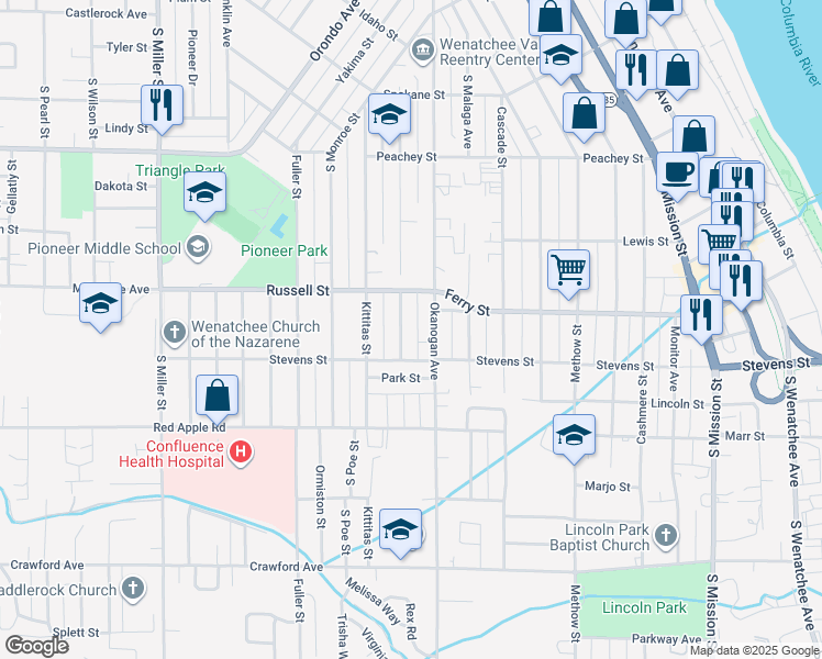 map of restaurants, bars, coffee shops, grocery stores, and more near 923 Highland Dr in Wenatchee