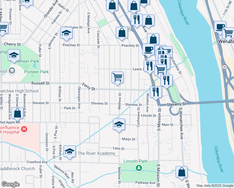 map of restaurants, bars, coffee shops, grocery stores, and more near 906 Methow Street in Wenatchee