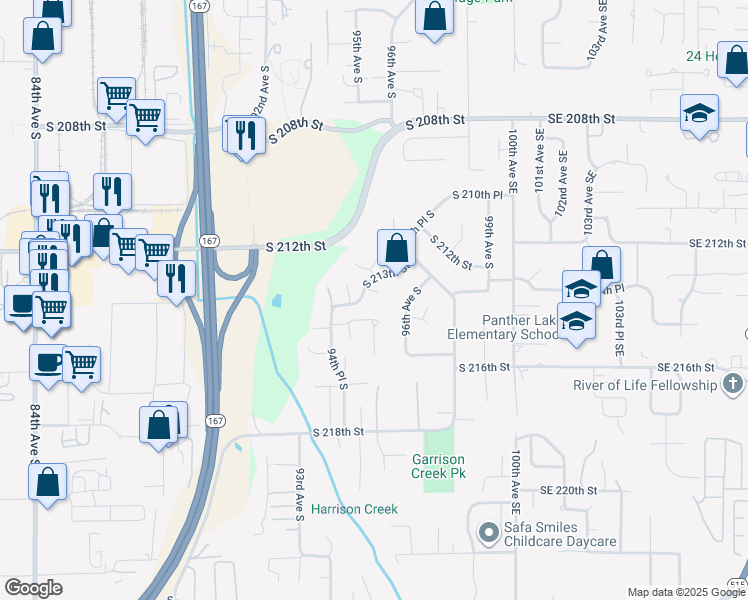 map of restaurants, bars, coffee shops, grocery stores, and more near 9409 South 213th Place in Kent