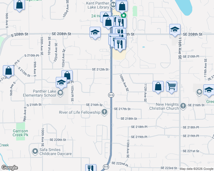 map of restaurants, bars, coffee shops, grocery stores, and more near 21333 108th Avenue Southeast in Kent