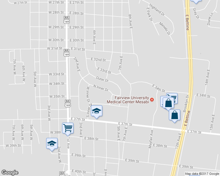 map of restaurants, bars, coffee shops, grocery stores, and more near 509 North Inner Drive in Hibbing