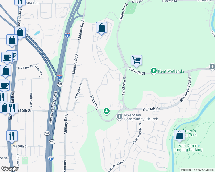 map of restaurants, bars, coffee shops, grocery stores, and more near 4030 South 213th Court in SeaTac