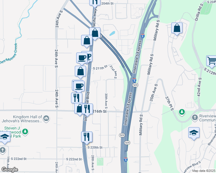 map of restaurants, bars, coffee shops, grocery stores, and more near 21224 30th Avenue South in SeaTac