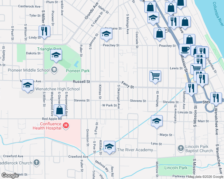 map of restaurants, bars, coffee shops, grocery stores, and more near 923 Highland Drive in Wenatchee