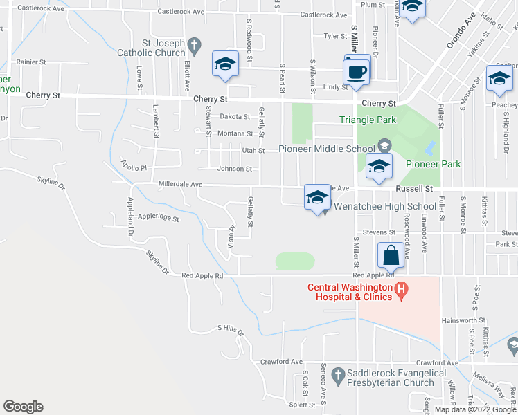 map of restaurants, bars, coffee shops, grocery stores, and more near 1017 Gellatly Street in Wenatchee