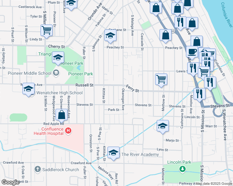 map of restaurants, bars, coffee shops, grocery stores, and more near 923 Highland Drive in Wenatchee