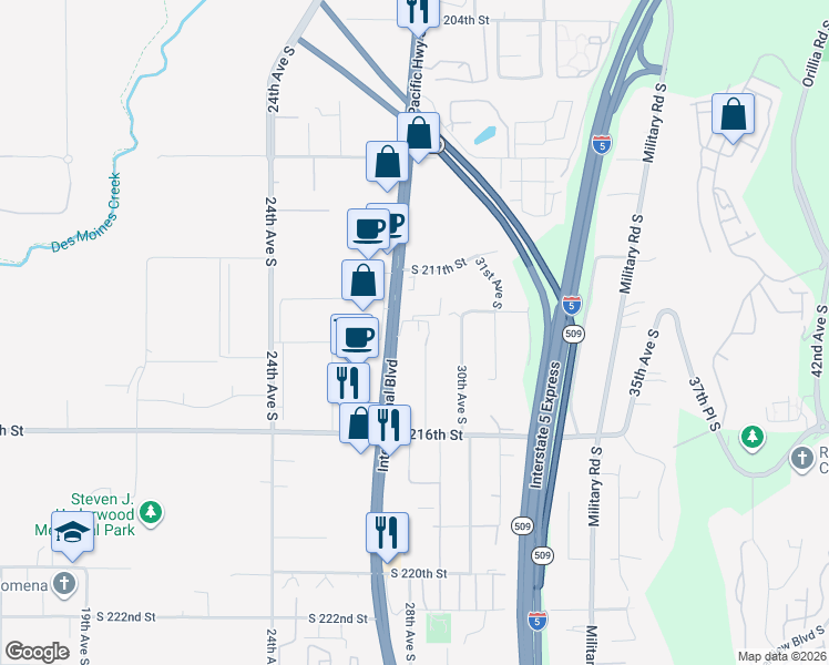 map of restaurants, bars, coffee shops, grocery stores, and more near 21241 29th Avenue South in SeaTac