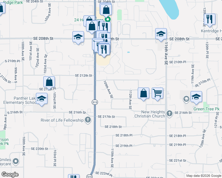map of restaurants, bars, coffee shops, grocery stores, and more near 21318 109th Avenue Southeast in Kent