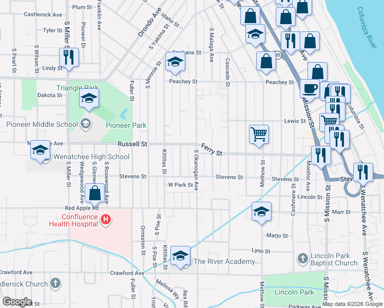 map of restaurants, bars, coffee shops, grocery stores, and more near 923 Highland Drive in Wenatchee