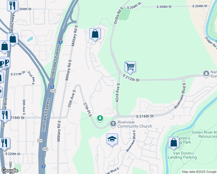 map of restaurants, bars, coffee shops, grocery stores, and more near 4035 South 212th Court in SeaTac