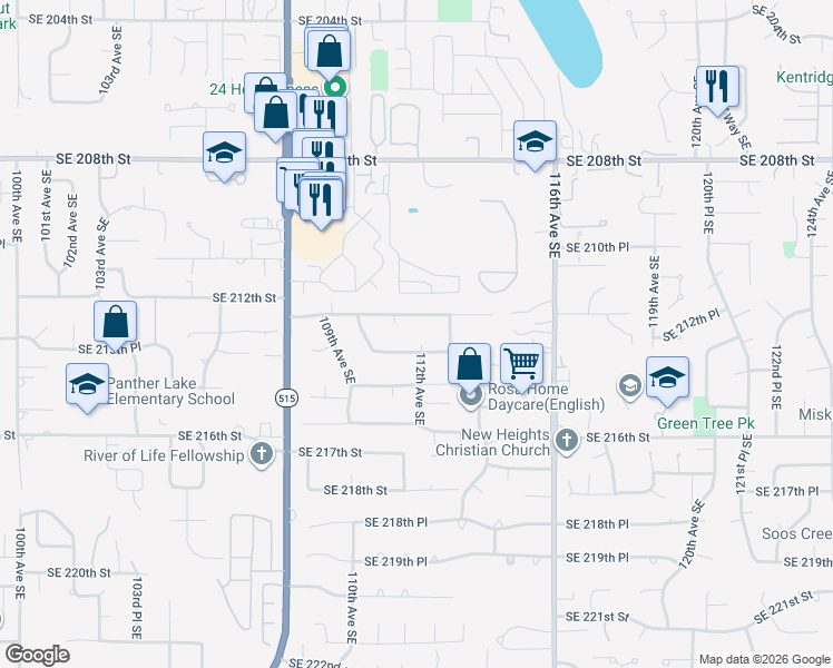 map of restaurants, bars, coffee shops, grocery stores, and more near 11212 Southeast 212th Street in Kent