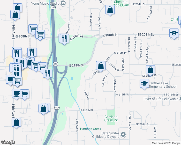 map of restaurants, bars, coffee shops, grocery stores, and more near 21224 95th Place South in Kent