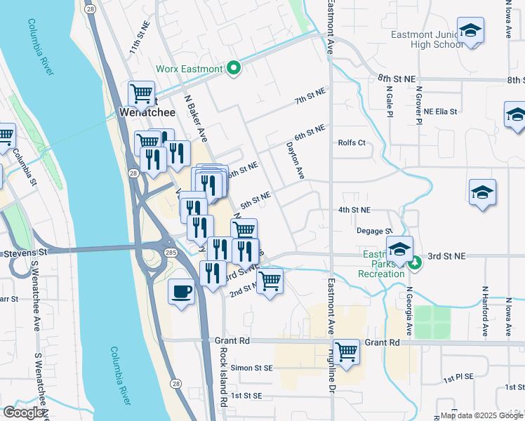 map of restaurants, bars, coffee shops, grocery stores, and more near 253 5th Street Northeast in East Wenatchee