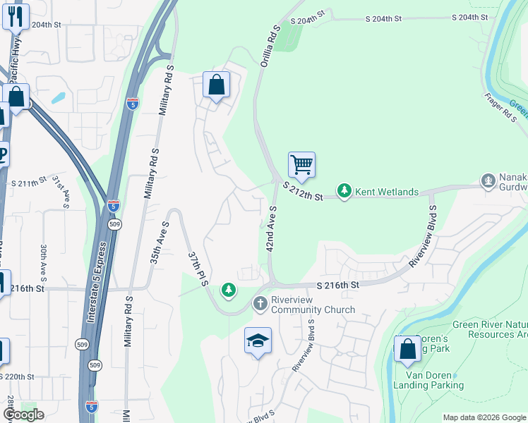 map of restaurants, bars, coffee shops, grocery stores, and more near 4055 South 212th Court in SeaTac