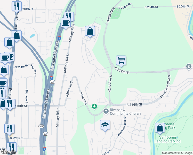 map of restaurants, bars, coffee shops, grocery stores, and more near 4001 South 212th Court in SeaTac