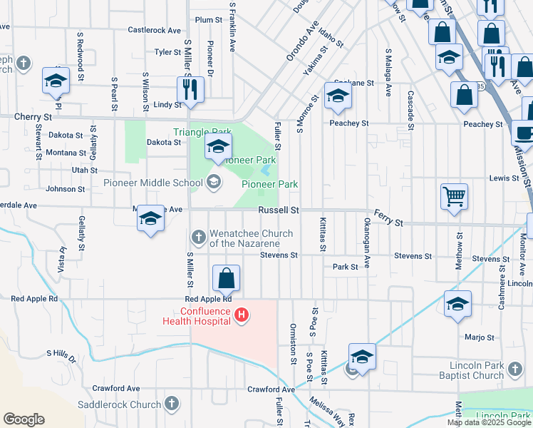 map of restaurants, bars, coffee shops, grocery stores, and more near 1451 Russell Street in Wenatchee