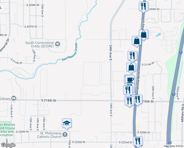 map of restaurants, bars, coffee shops, grocery stores, and more near 2141 South 211th Place in Des Moines