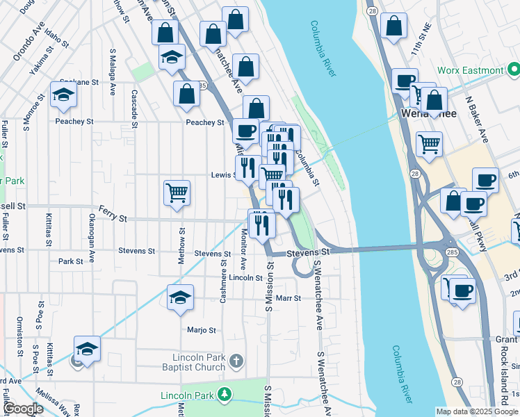 map of restaurants, bars, coffee shops, grocery stores, and more near 215 Bridge St in Wenatchee