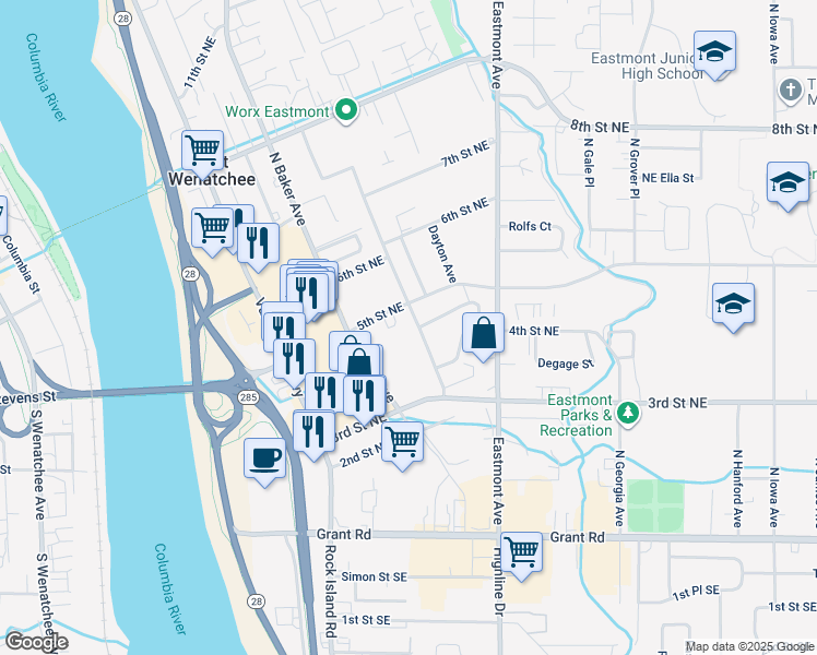 map of restaurants, bars, coffee shops, grocery stores, and more near 492 North Colorado Avenue in East Wenatchee