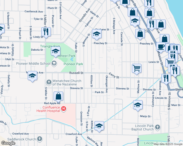 map of restaurants, bars, coffee shops, grocery stores, and more near Kittitas Street in Wenatchee