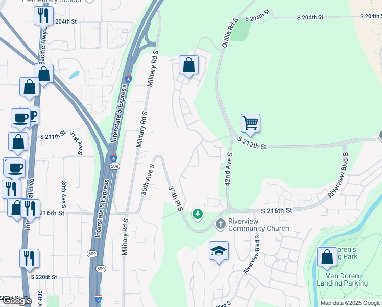 map of restaurants, bars, coffee shops, grocery stores, and more near 4001 South 212th Court in SeaTac
