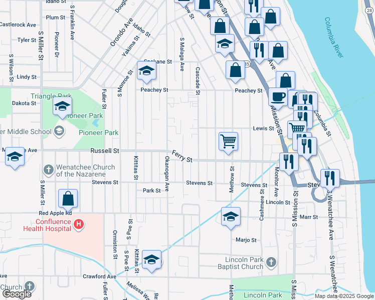 map of restaurants, bars, coffee shops, grocery stores, and more near 823 Malaga Avenue in Wenatchee
