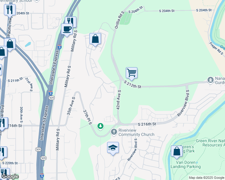 map of restaurants, bars, coffee shops, grocery stores, and more near 4055 South 212th Court in SeaTac