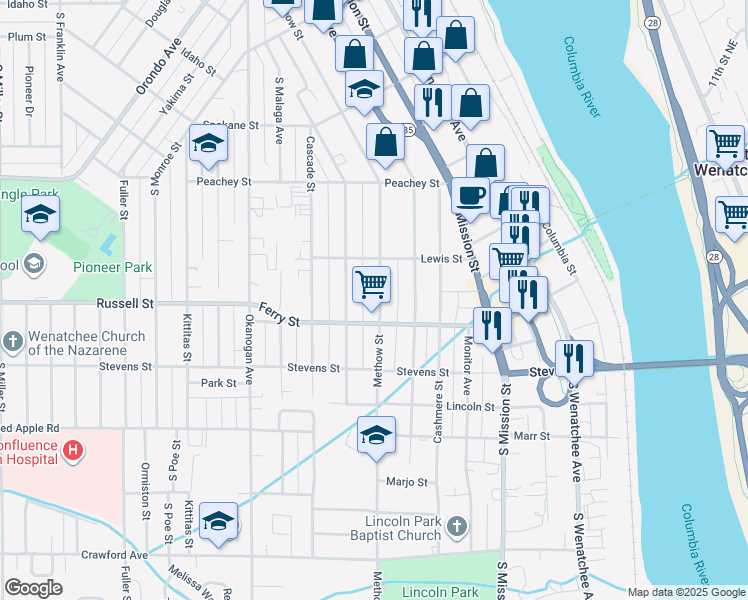 map of restaurants, bars, coffee shops, grocery stores, and more near 832 Methow Street in Wenatchee