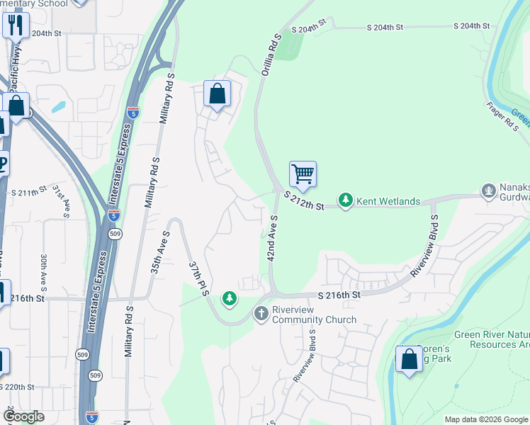 map of restaurants, bars, coffee shops, grocery stores, and more near 4055 South 212th Court in SeaTac