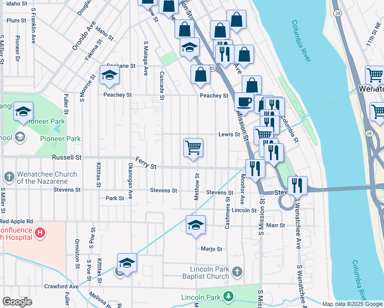 map of restaurants, bars, coffee shops, grocery stores, and more near 830 Methow Street in Wenatchee