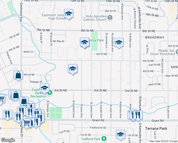 map of restaurants, bars, coffee shops, grocery stores, and more near 464 North James Avenue in East Wenatchee