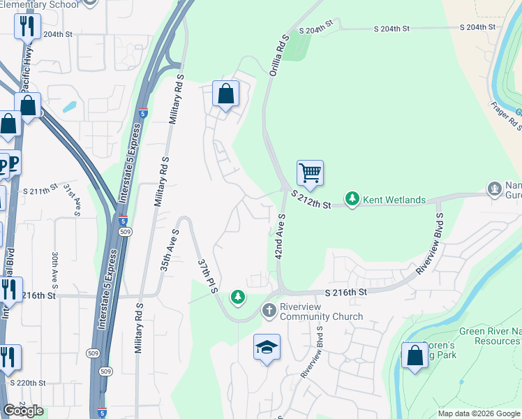 map of restaurants, bars, coffee shops, grocery stores, and more near 4001 South 212th Court in SeaTac