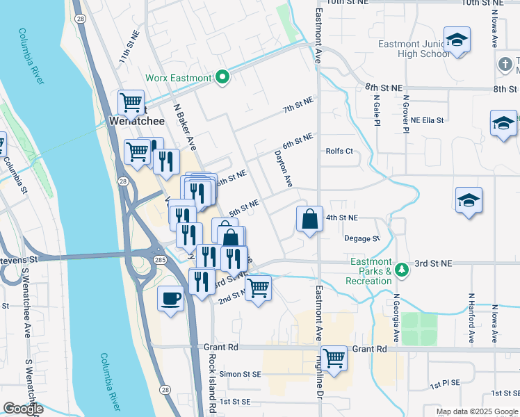 map of restaurants, bars, coffee shops, grocery stores, and more near 492 North Colorado Avenue in East Wenatchee