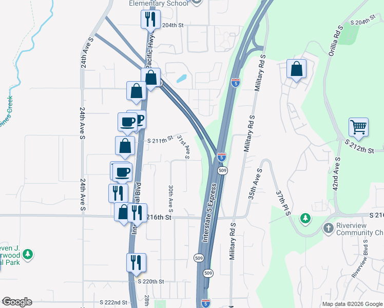 map of restaurants, bars, coffee shops, grocery stores, and more near 21138 31st Avenue South in SeaTac