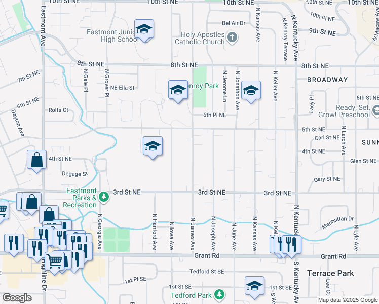 map of restaurants, bars, coffee shops, grocery stores, and more near 464 North James Avenue in East Wenatchee