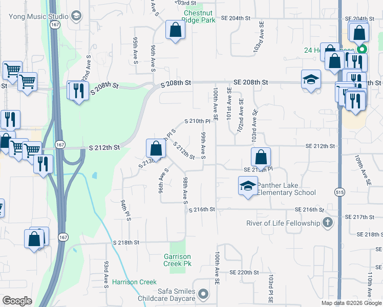 map of restaurants, bars, coffee shops, grocery stores, and more near 9812 South 212th Street in Kent