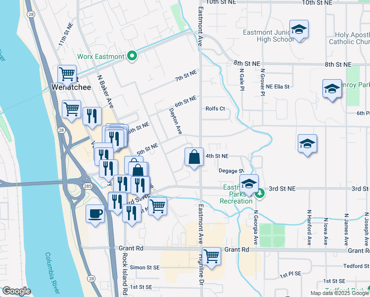 map of restaurants, bars, coffee shops, grocery stores, and more near 352 Johnson Place Northeast in East Wenatchee