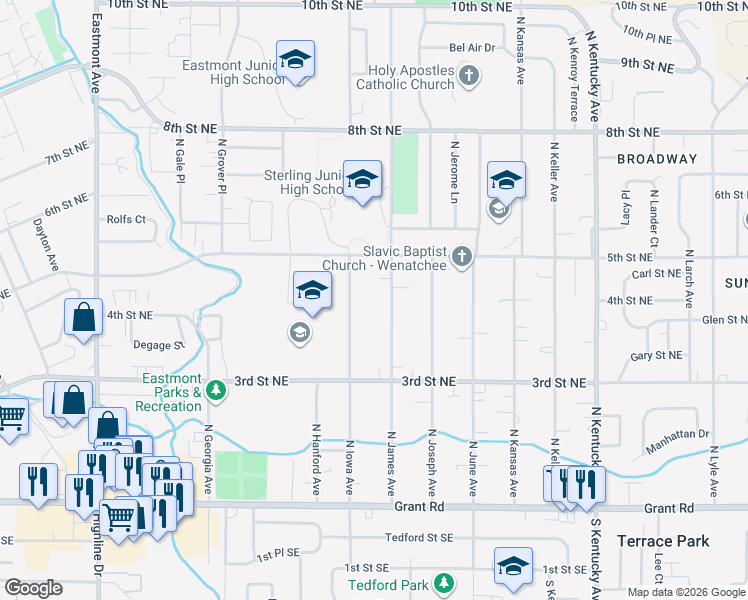 map of restaurants, bars, coffee shops, grocery stores, and more near 464 North James Avenue in East Wenatchee