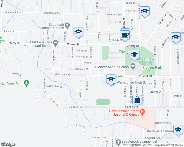 map of restaurants, bars, coffee shops, grocery stores, and more near 1218 Millerdale Avenue in Wenatchee