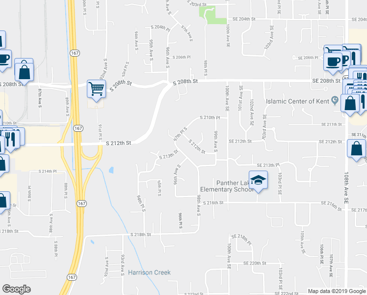 map of restaurants, bars, coffee shops, grocery stores, and more near 9729 South 212th Street in Kent