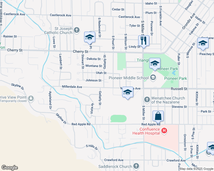 map of restaurants, bars, coffee shops, grocery stores, and more near 1218 Millerdale Avenue in Wenatchee