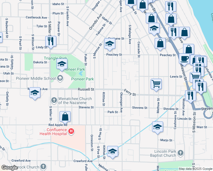 map of restaurants, bars, coffee shops, grocery stores, and more near 929 Kittitas Street in Wenatchee