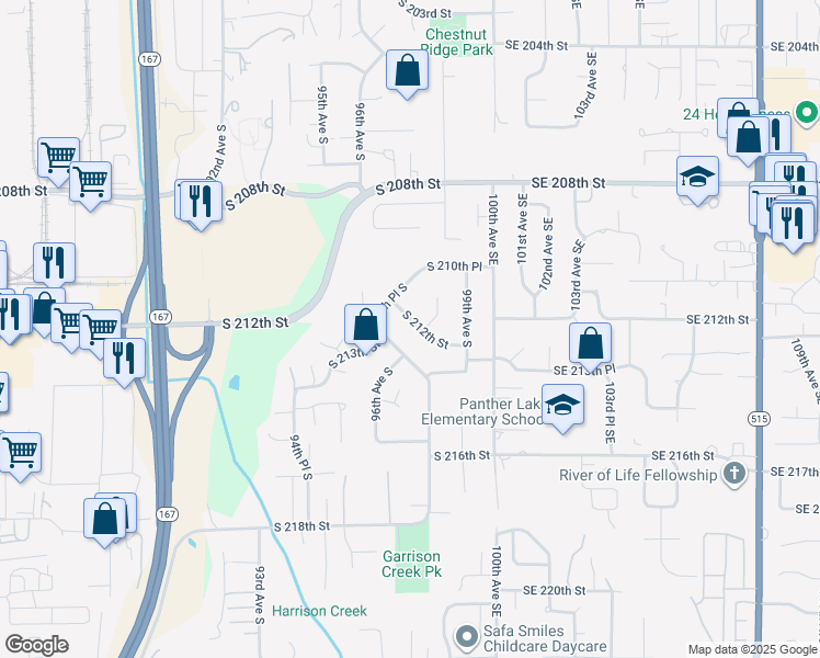 map of restaurants, bars, coffee shops, grocery stores, and more near 9729 South 212th Street in Kent