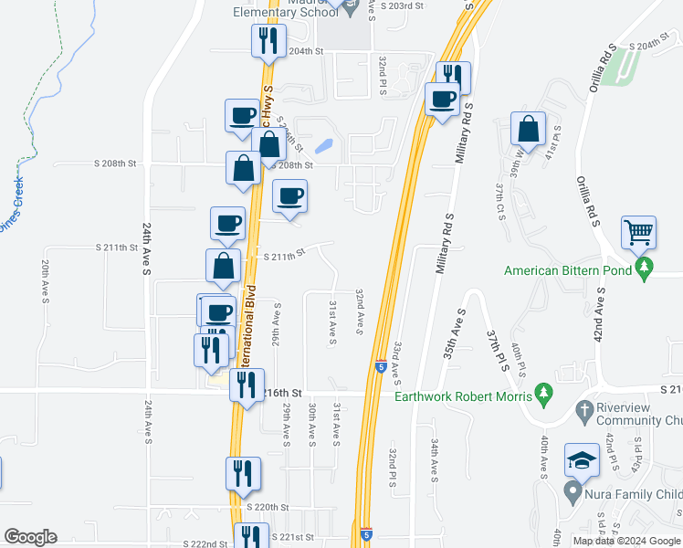 map of restaurants, bars, coffee shops, grocery stores, and more near 21138 31st Avenue South in SeaTac