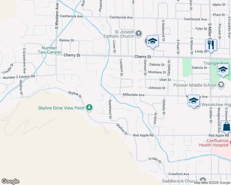 map of restaurants, bars, coffee shops, grocery stores, and more near 1504 Millerdale Avenue in Wenatchee