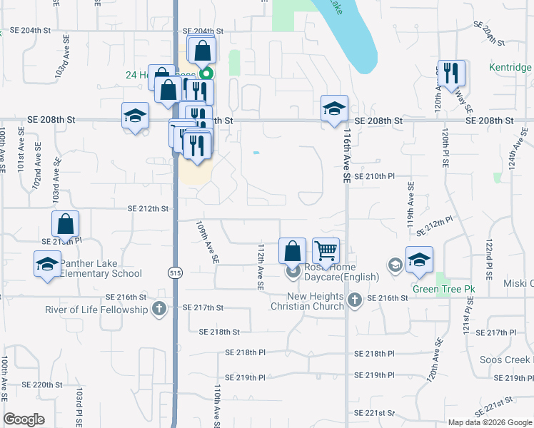 map of restaurants, bars, coffee shops, grocery stores, and more near 11212 Southeast 212th Street in Kent